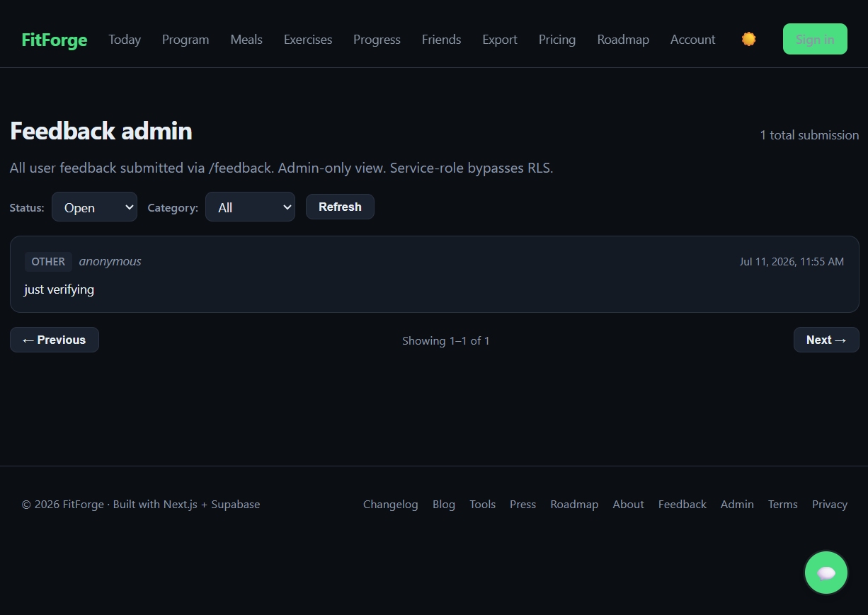 FitForge admin feedback dashboard — service-role authenticated, view user feedback and mark as resolved