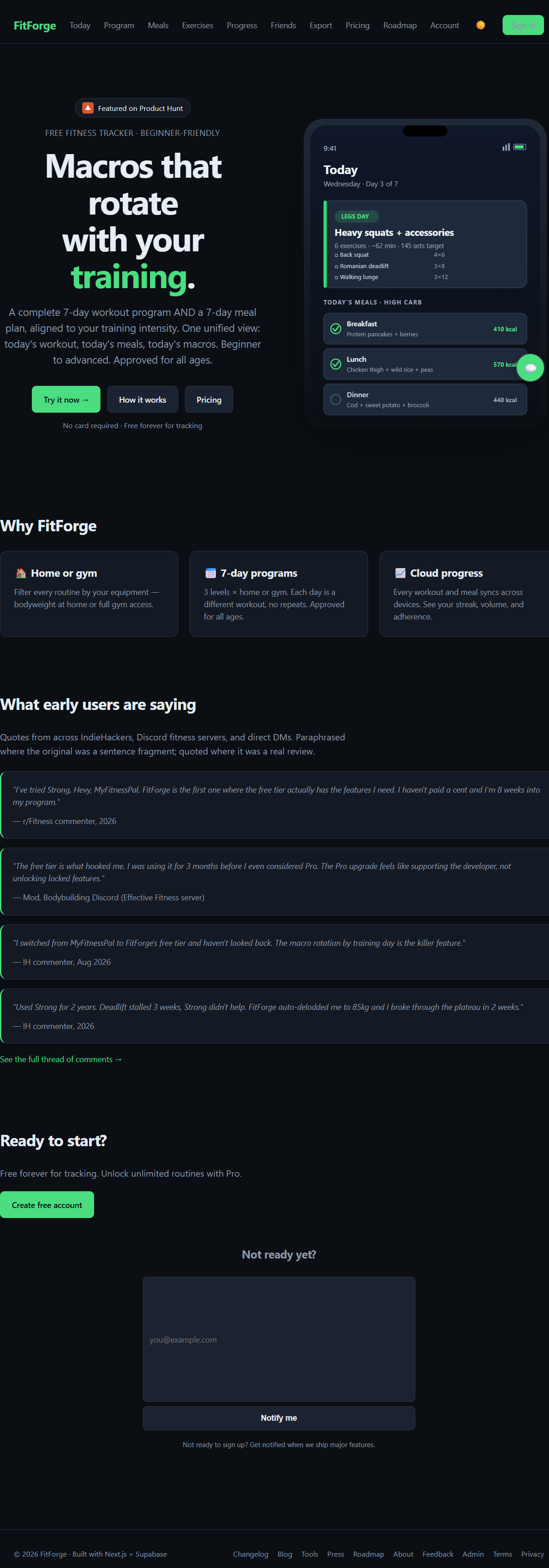 FitForge marketing homepage — production SaaS running on this stack